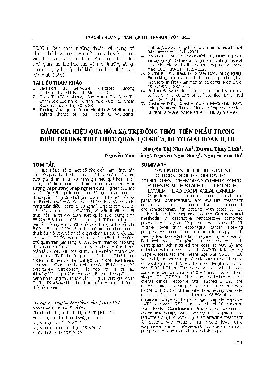 Đánh giá hiệu quả hóa xạ trị đồng thời tiền phẫu trong điều trị ung thư thực quản 1/3 giữa, dưới giai đoạn II, III  