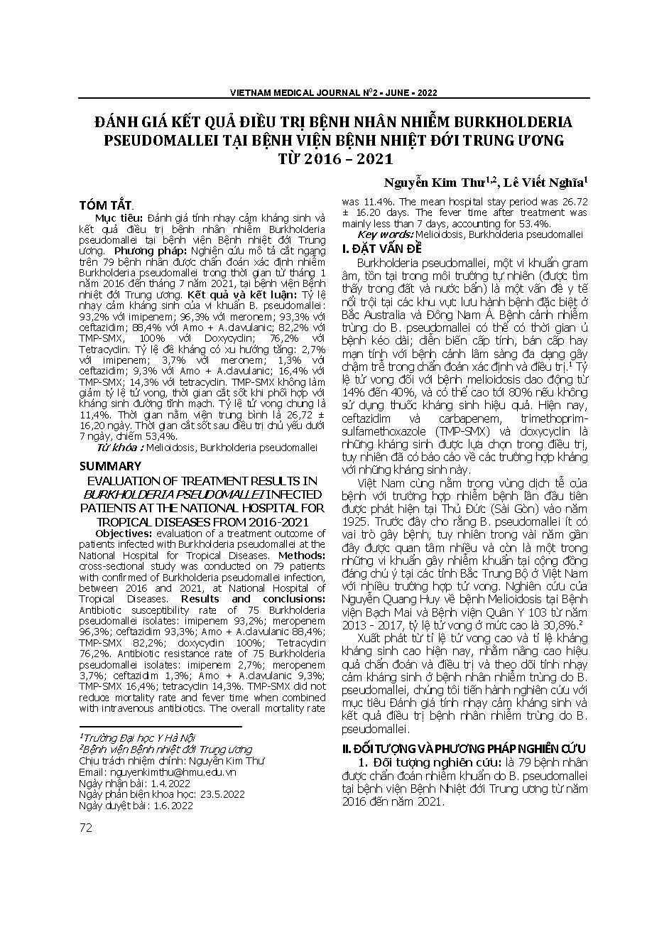 Đánh giá kết quả điều trị bệnh nhân nhiễm Burkholderia pseudomallei tại Bệnh viện bệnh Nhiệt đới Trung ương từ 2016 – 2021 