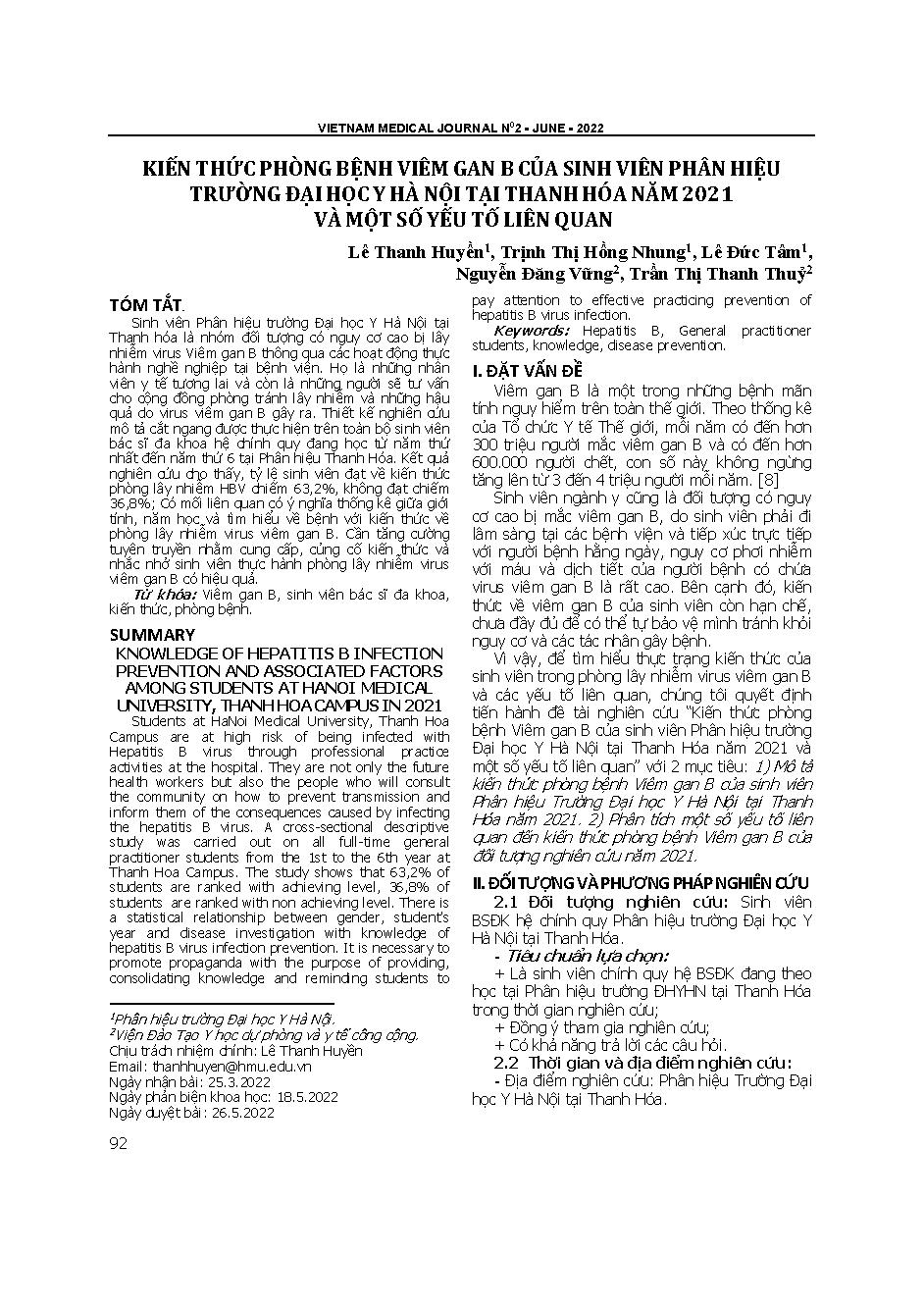 Kiến thức phòng bệnh viêm gan B của sinh viên phân hiệu trường Đại học Y Hà Nội tại Thanh Hóa năm 2021 và một số yếu tố liên quan  