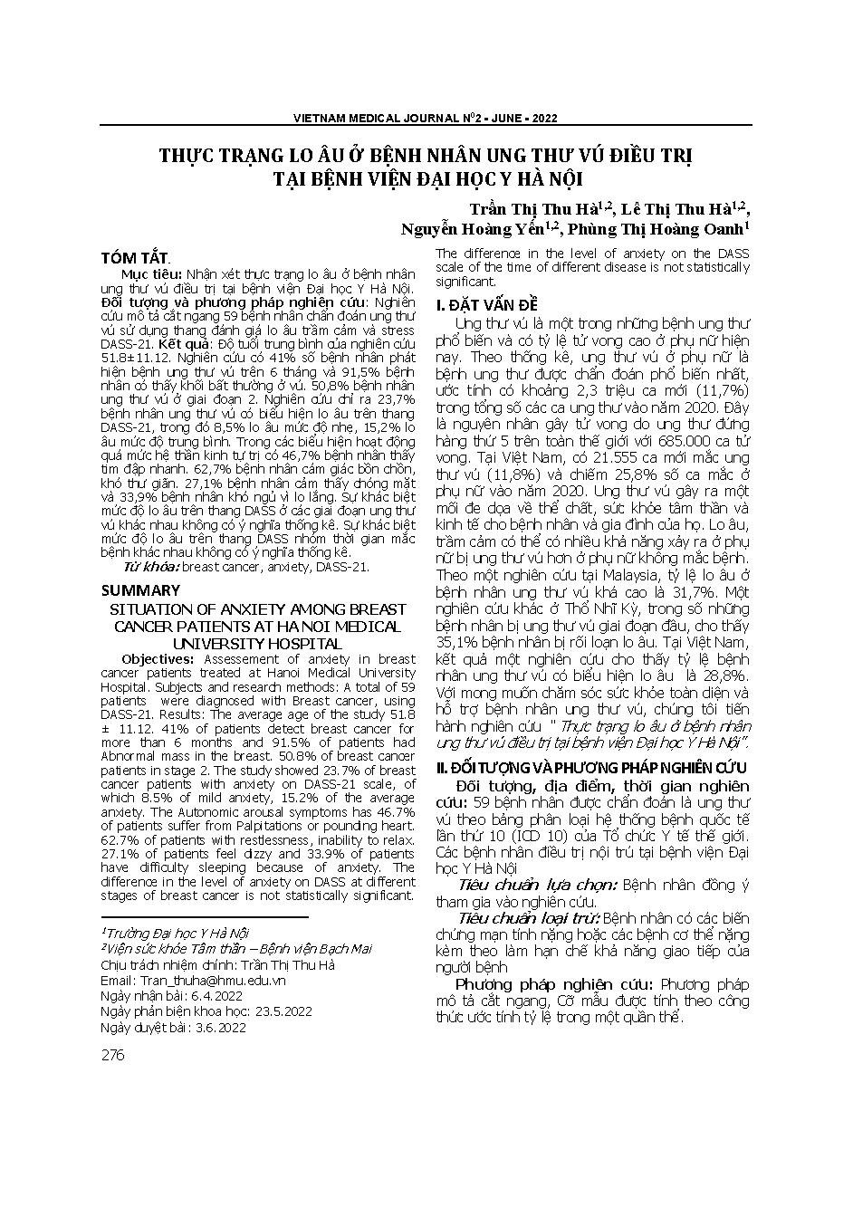 Thực trạng lo âu ở bệnh nhân ung thư vú điều trị tại Bệnh viện Đại học Y Hà Nội  