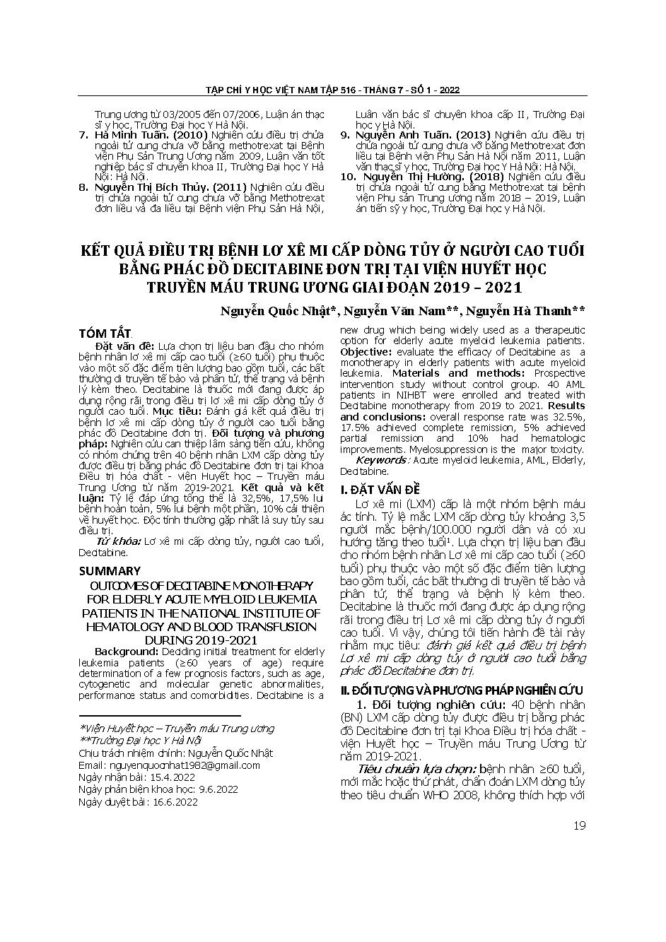 Kết quả điều trị bệnh lơ xê mi cấp dòng tủy ở người cao tuổi bằng phác đồ Decitabine đơn trị tại viện Huyết học Truyền máu Trung ương giai đoạn 2019 – 2021  