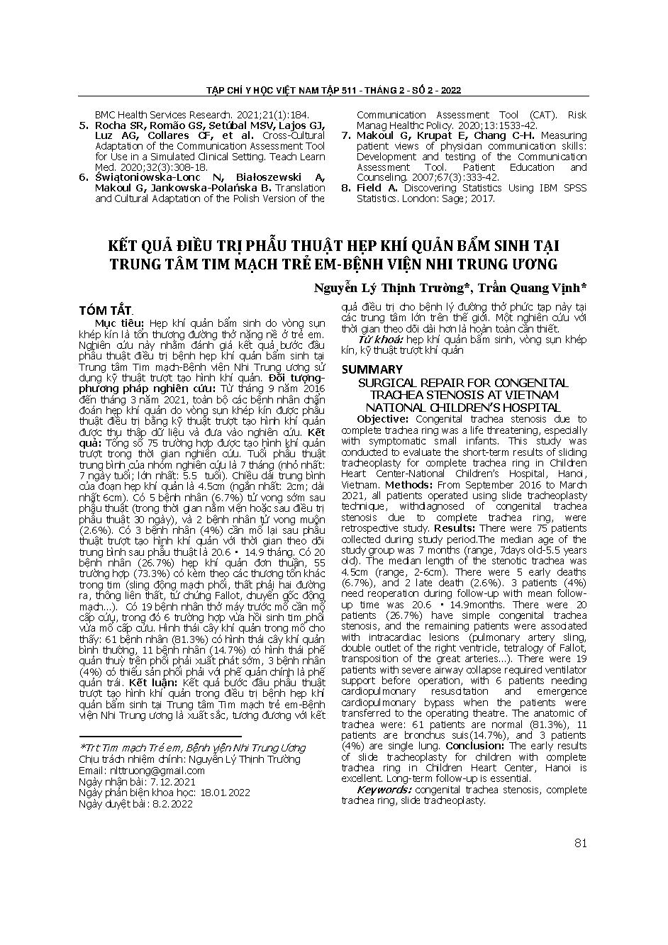 kết quả điều trị phẫu thuật hẹp khí quản bẩm sinh tại Trung tâm Tim mạch trẻ em Bệnh viện Nhi Trung ương  