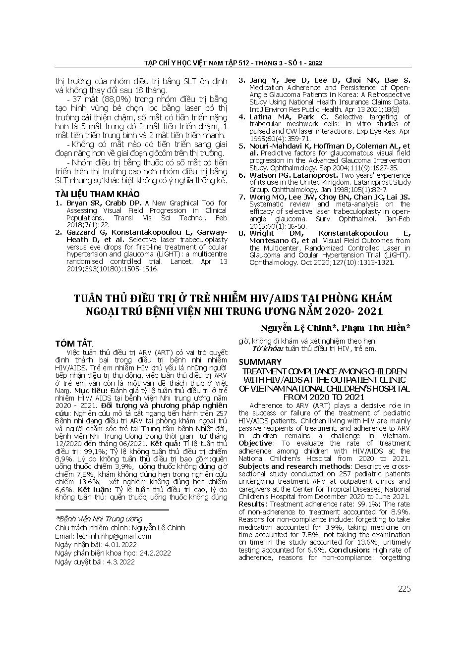 Tuân thủ điều trị ở trẻ nhiễm HIV/AIDS tại phòng khám ngoại trú Bệnh viện Nhi Trung ương năm 2020- 2021 