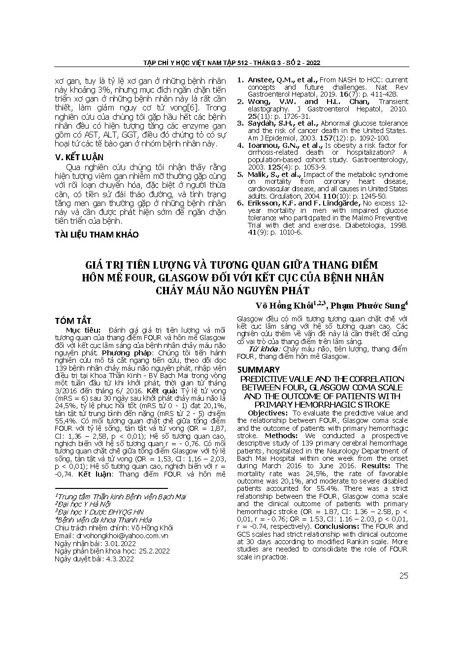 Giá trị tiên lượng và tương quan giữa thang điểm hôn mê FOUR, Glasgow đối với kết cục của bệnh nhân chảy máu não nguyên phát  