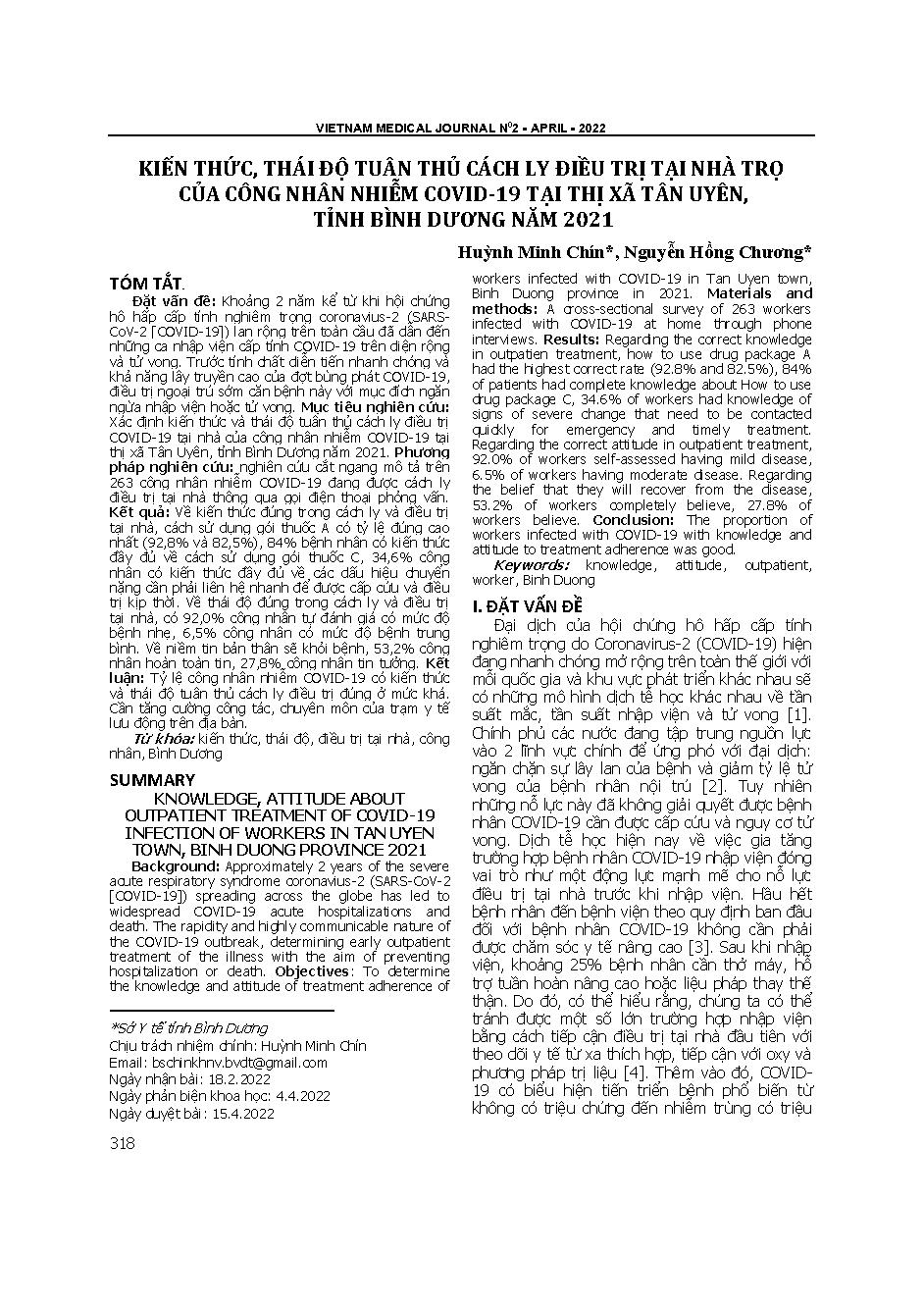 Kiến thức, thái độ tuân thủ cách ly điều trị tại nhà trọ của công nhân nhiễm COVID- 19 tại thị xã Tân Uyên, tỉnh Bình Dương năm 2021  