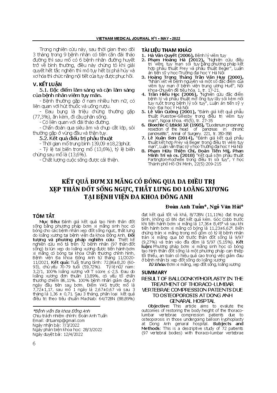 Kết quả bơm xi măng có bóng qua da điều trị xẹp thân đốt sống ngực, thắt lưng do loãng xương tại Bệnh viện Đa khoa Đông Anh  