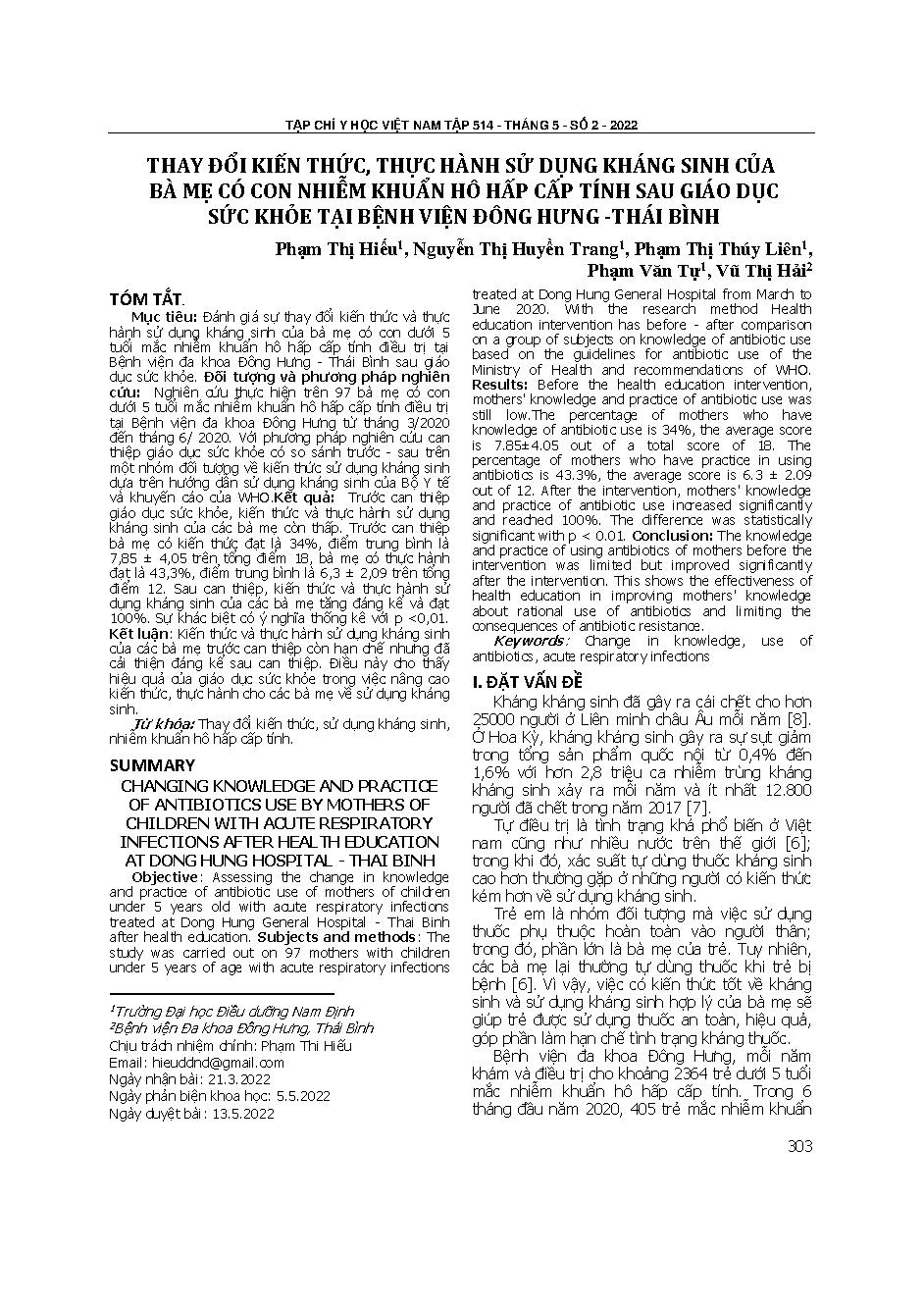 Thay đổi kiến thức, thực hành sử dụng kháng sinh của bà mẹ có con nhiễm khuẩn hô hấp cấp tính sau giáo dục sức khỏe tại Bệnh viện Đông Hưng - Thái Bình  