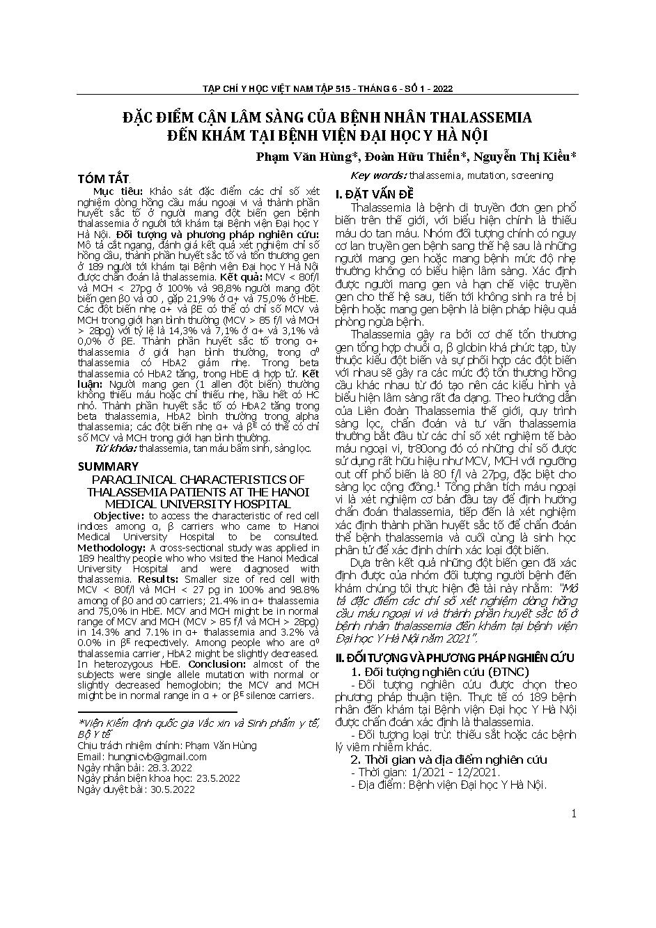 Đặc điểm cận lâm sàng của bệnh nhân Thalassemia đến khám tại Bệnh viện Đại học Y Hà Nội  