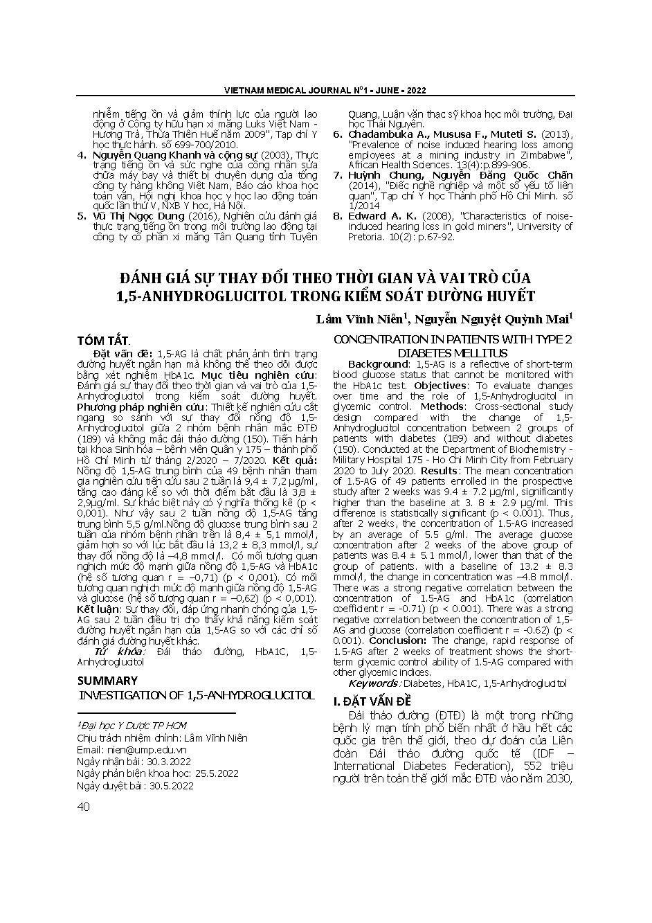 Đánh giá sự thay đổi theo thời gian và vai trò của 1,5-anhydroglucitol trong kiểm soát đường huyết  